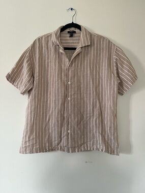 Men's Striped Short Sleeve Button Up Linen Shirt Medium Beige White Beach